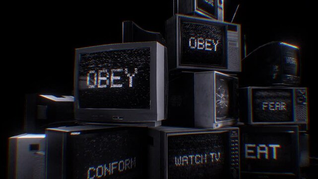 A stack of old TV&rsquo;s displaying subliminal messages and signal noise.