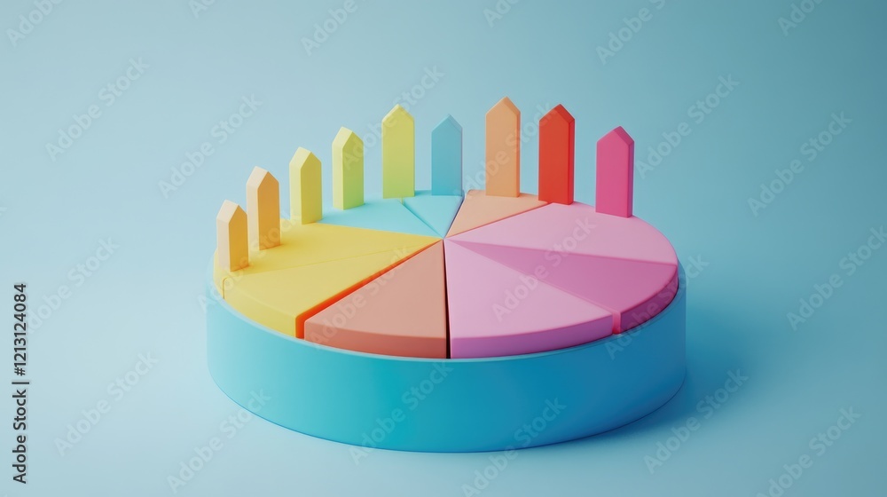 Poster colorful 3d pie chart with varying size sections and matching marker pieces