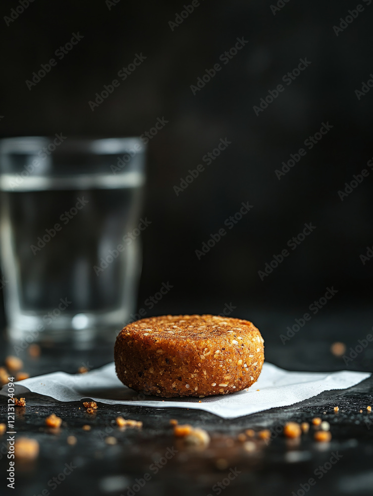 Wall mural Cookie and glass of water on napkin in dark setting.