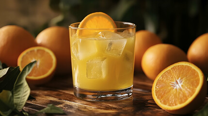 A glass of orange juice with ice cubes placed on a wooden table, garnished with a slice of orange and surrounded by fresh oranges