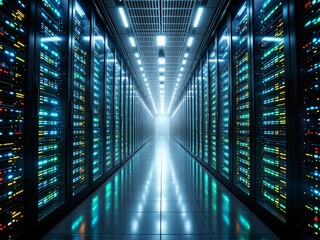 Server room with illuminated racks