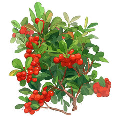 Buffaloberry Bush with Fruit – Detailed Watercolor Vector Illustration, Berry-Laden Bush Design, Nature-Inspired Artwork, Vibrant Buffaloberry Bush with Ripe Fruits Vector.  
