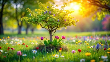 Fototapeta premium A young tree sprouts from the ground in a garden with lush green grass and colorful flowers, plants, outdoor, gardens, landscape, vegetation