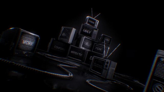 A stack of old TV&rsquo;s displaying subliminal messages and signal noise.