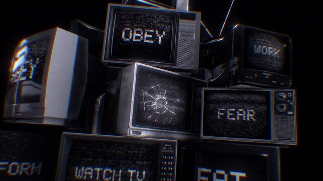 A stack of old TV&rsquo;s displaying subliminal messages and signal noise.