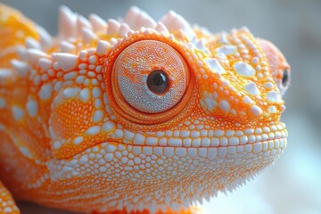hyperrealistic 3d render of an orange chameleon with intricate scale detail iridescent highlights and intense focus in its rotating eye