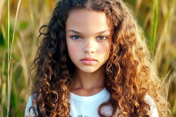 Fototapeta premium Attractive calm mixed-race girl - for ads, banner and social online ad banner use. Long haircut - curly hair. Commercial ad creative. African model creativity inspiration. Black girl portrait.