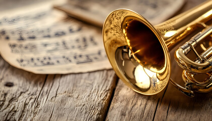 Naklejka premium One trumpet on wooden table, closeup. Musical instrument