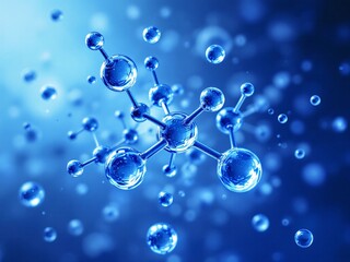Water molecules, hydrogen bonds, liquid state, molecular structure, chemical bonds, transparent spheres, blue hue, scientific illustration, 3D rendering, educational graphic, chemistry concept, atomic
