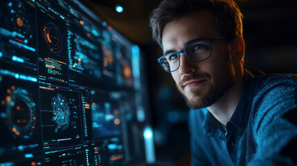 Handsome IT engineer in eyeglasses smiling and developing online website over laptop on desk in office, desktop displays various graphs