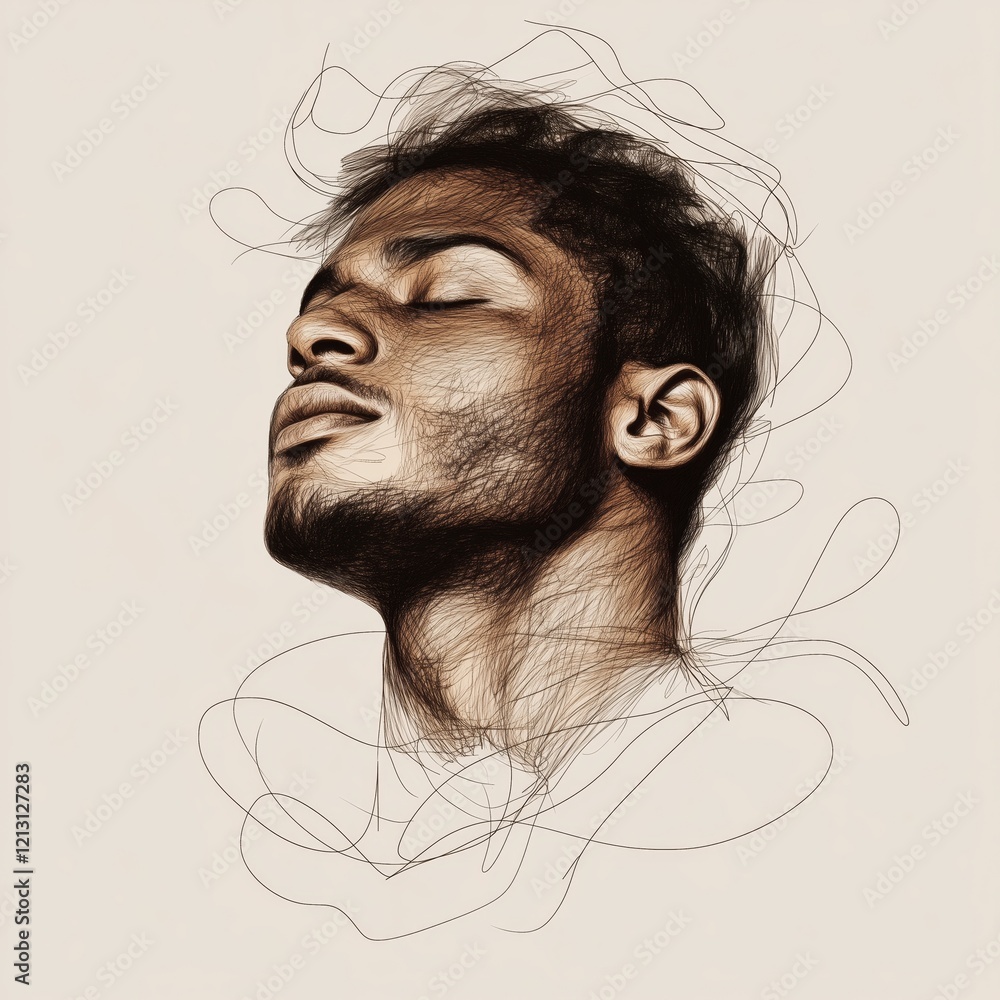 Poster artistic sketch of man's contemplative expression with fluid linework