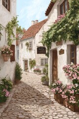 Fototapeta premium Charming cobblestone alley in quaint village with whitewashed houses and lush greenery