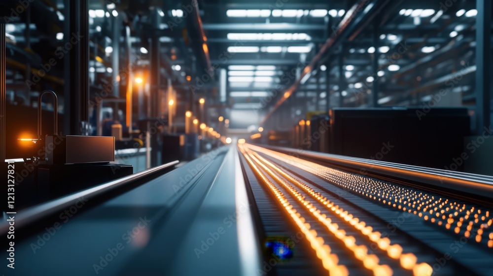 Poster automated production line with glowing components in industrial setting