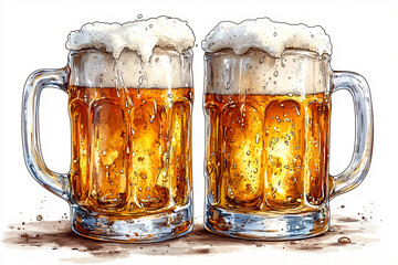 beer cheers vector. Two toasting beer mugs, Cheers. Clinking glass tankards full of beer and splashed foam. Cartoon style. Isolated on white background. Design for banner, poster, greeting cards.