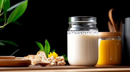 Sourdough Starter in a Glass Jar Beside Fresh Ingredients and Utensils on a Wooden Countertop