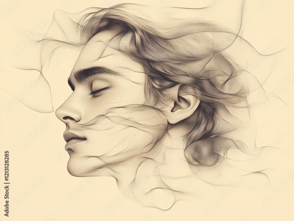 Poster ethereal portrait of a serene face with flowing abstract lines in minimalist style