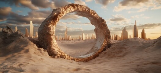 Fototapeta premium Futuristic desert cityscape with giant stone ring and skyscrapers at sunset