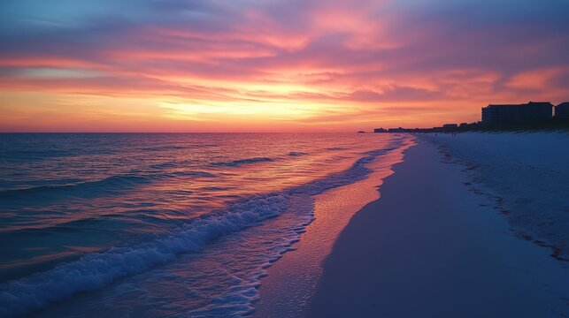 A vibrant sunset paints the sky over a tranquil beach with gentle waves