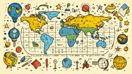 A playful hand-drawn world map surrounded by colorful globes and whimsical illustrations celebrating geography and exploration