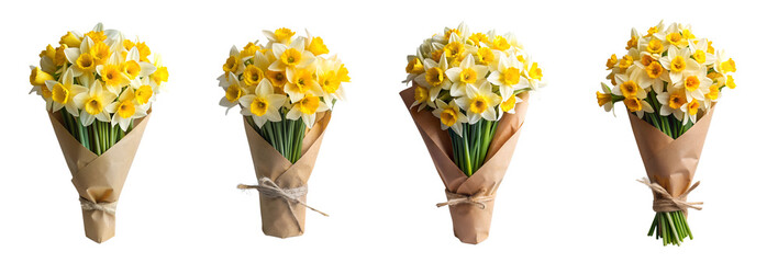 set of elegant bouquet of narcisses wrapped in craft paper,  soft focus isolated on the transparent background
