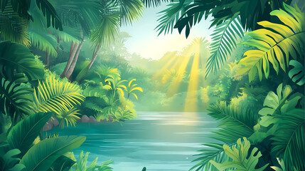 Lush tropical jungle scene with calm river, sunlight filtering through leaves, abundant vegetation. Tropical Canyon. Illustration