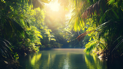 Lush tropical jungle scene with calm river, sunlight filtering through leaves, abundant vegetation. Tropical Canyon. Illustration