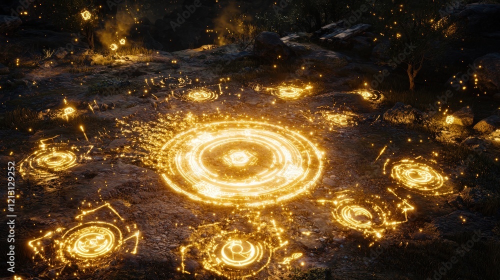 Poster a series of golden symbols and circles glow on the ground, casting soft light in a rocky area surrou