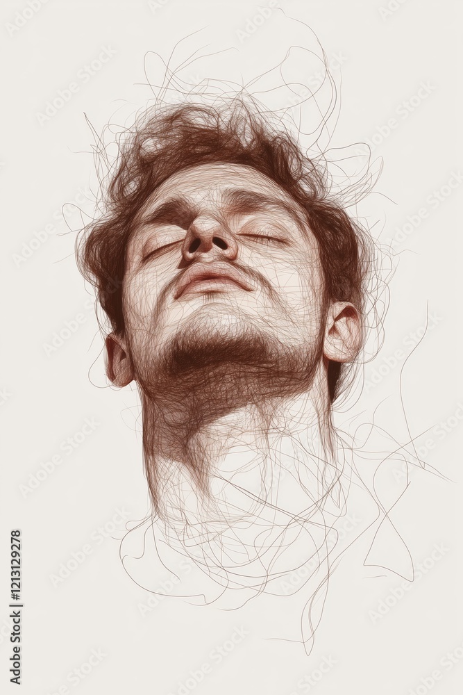 Poster digital sketch of a man's relaxed expression with artistic lines and detailed texture