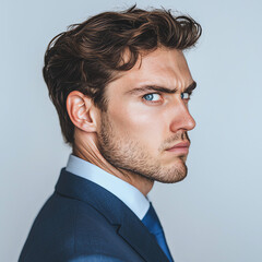 portrait of angry smirking man  looking to the side, brown hair, blue eyes, blue business suit with blue tie, white background