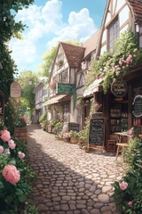 Fototapeta premium Charming vintage street with flowers and cozy shops on a sunny day