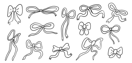 Set of various bows, gift ribbons, bowknots in doodle style. Hand-drawn vector illustration elements, stickers for holiday, birthday party, Valentines day, Christmas present wrapping decoration. 