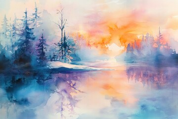 Winter sunrise, snowy lake, forest reflection, misty landscape, art print