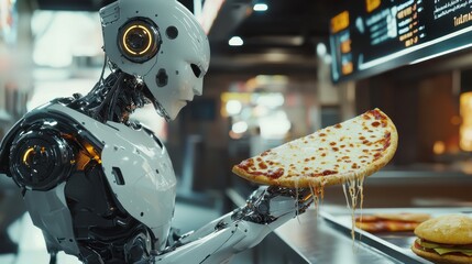 A humanoid robot lifts a slice of cheesy pizza in a bustling fast-food restaurant with digital menu displays, showcasing advanced technology in food service