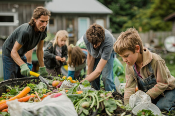 Fototapeta premium Families Joining Forces to Compost Organic Waste, Recycle, and Create Donation Bags, Reflecting Their Commitment to Sustainability and Giving Back