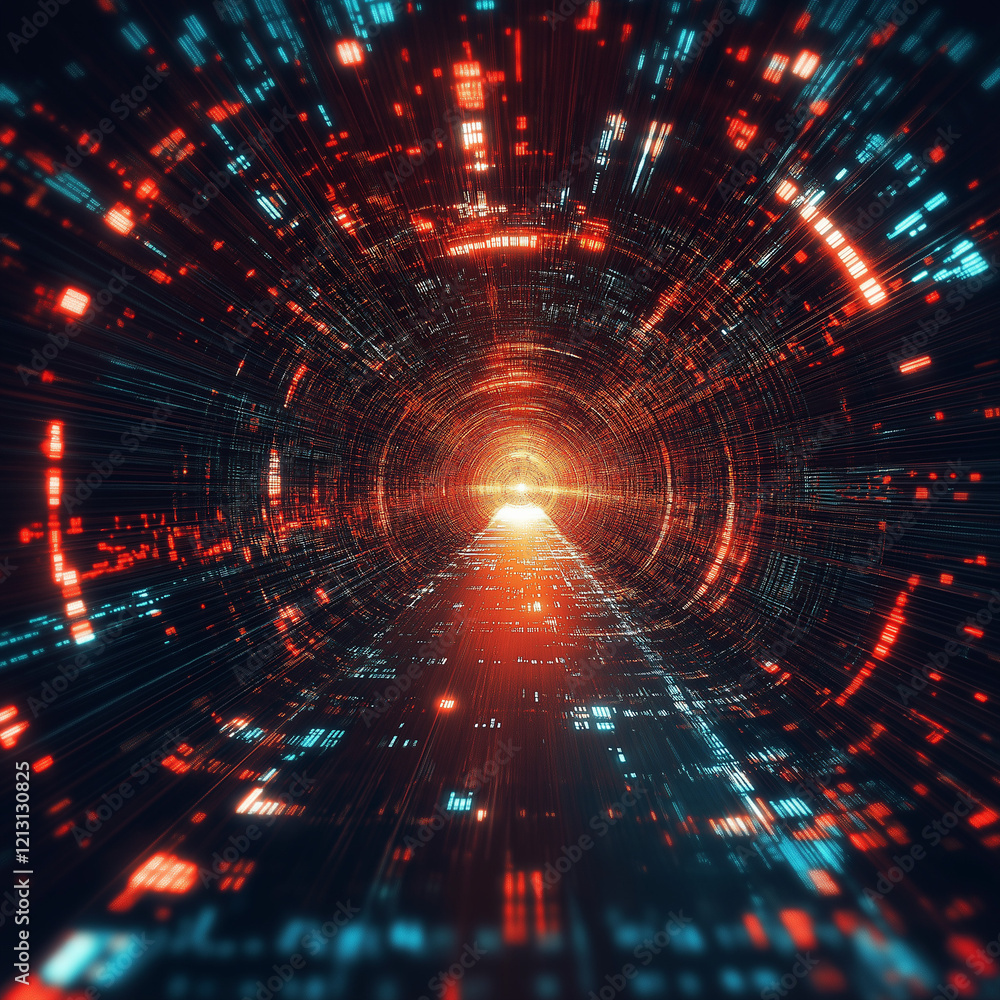Poster abstract digital tunnel: data flowing through light and neon wave speed lines vivid space future