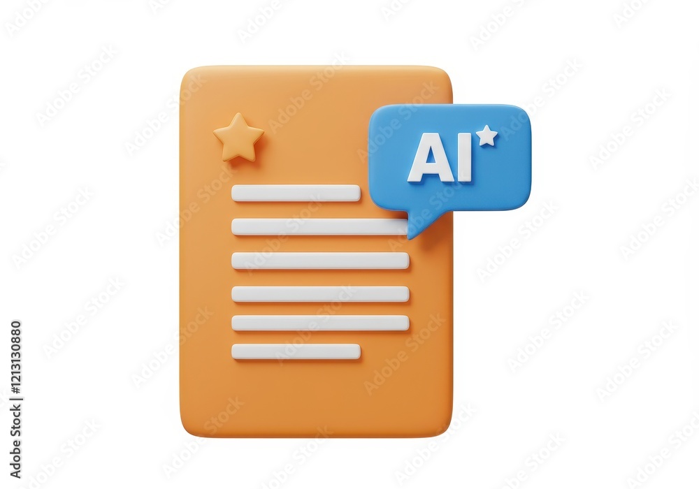 Poster a 3d rendered orange document with white horizontal lines representing text a blue speech bubble fea
