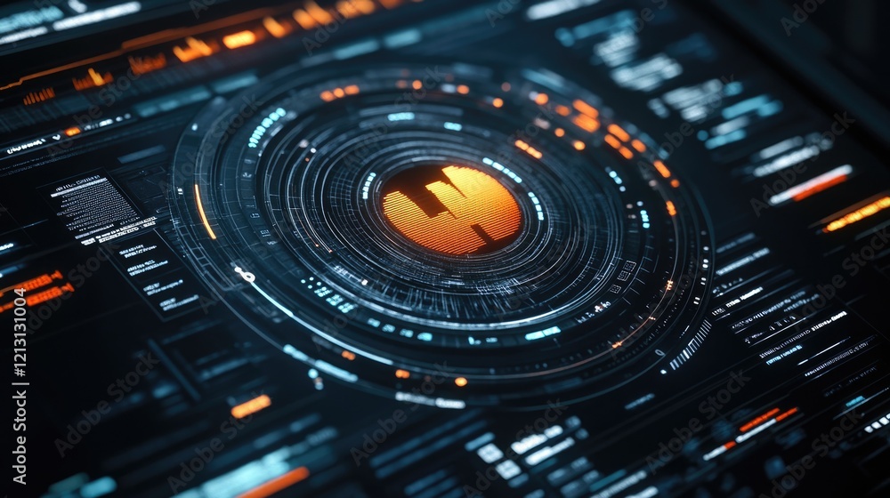Poster futuristic technology interface with data visualization and circular elements 3d render