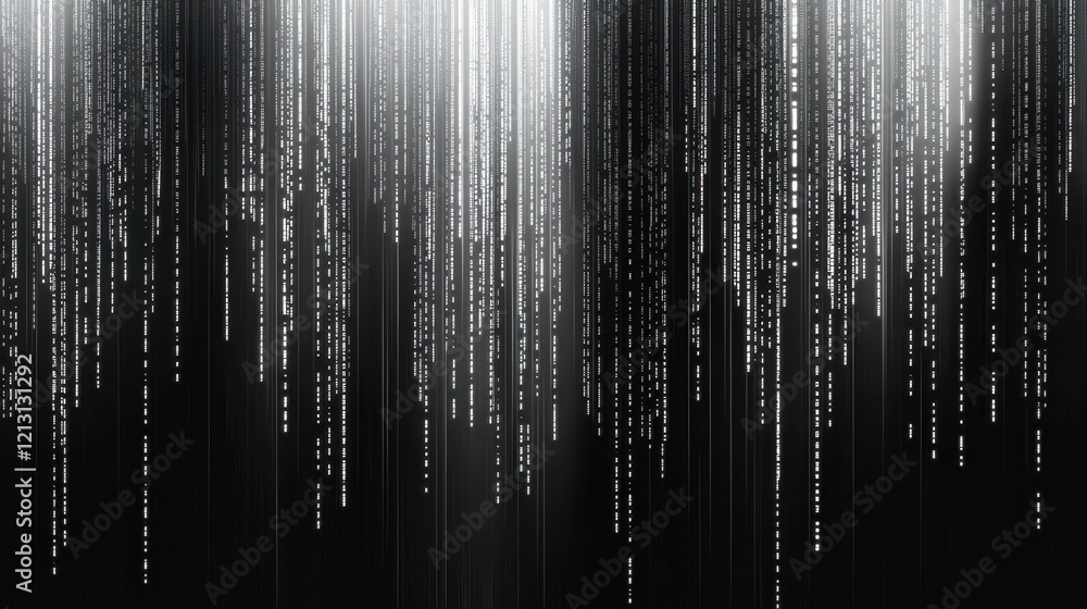 Poster vertical strings of light cascade down against a black background, resembling digital rain. the cont