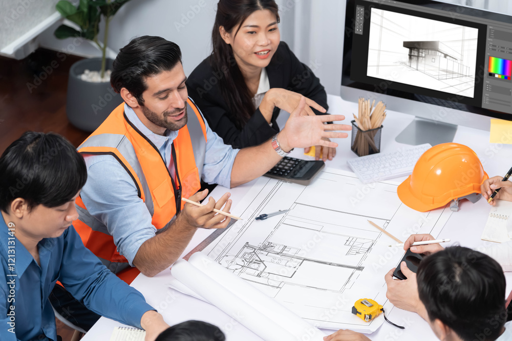Poster diverse group of civil engineer and client working together on architectural project, reviewing cons