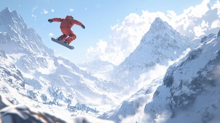 A snowboarder in a bright orange suit leaps into the air above stunning mountain ranges blanketed in snow. The sun shines down, creating a beautiful backdrop