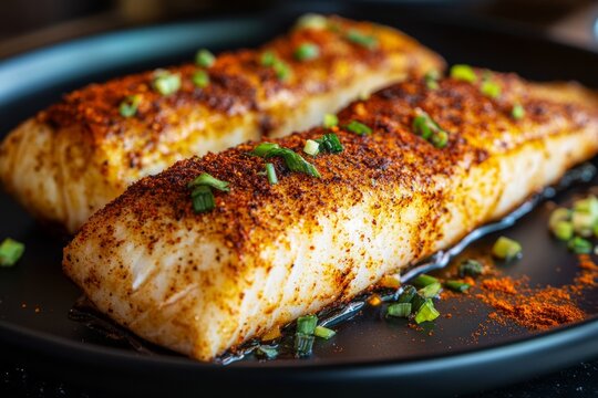 Savor the bold flavors of Cajun spices with blackened fish fillet served on a sleek black plate. Fresh green onions add a vibrant finish to this delicious culinary delight