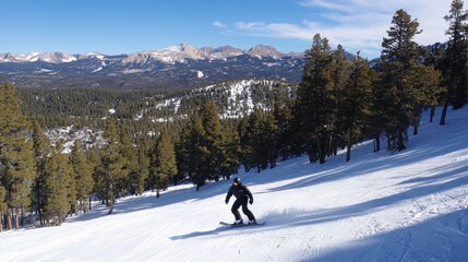 A snowboarder expertly navigates a snow-covered slope among tall evergreen trees, enjoying a sunny day in the mountains with a stunning backdrop of rugged peaks