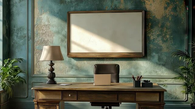 Golden sunlight streaming into a vintage office with rustic decor and lush greenery