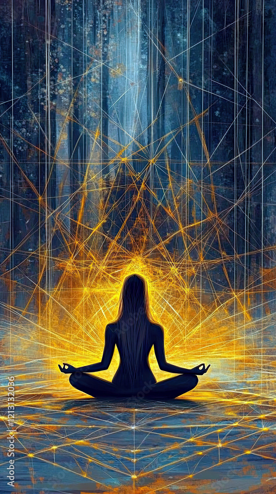 Poster meditative journey within a vibrant mandala under a cosmic sky in a tranquil forest setting