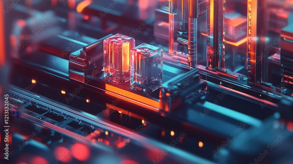 Poster abstract technological close-up view with transparent components and bright light