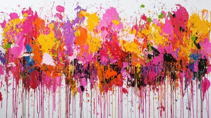 Fototapeta premium A large canvas displays an abstract composition filled with vibrant splashes of pink, orange, and yellow, creating a lively atmosphere in an art space
