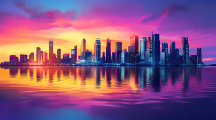 Obraz premium Stunning city skyline at sunset with vibrant colors reflected in water. Vibrant Horizon. Illustration