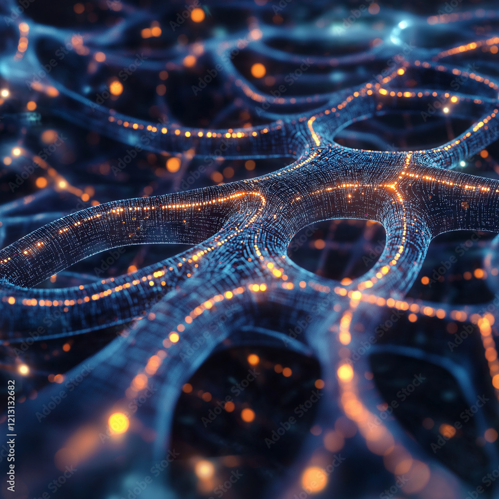 Poster glowing ai neural network: abstract pathways of artificial intelligence data mind flow light lines