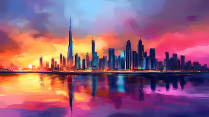 Stunning skyline reflection at sunset with vibrant colors. Vibrant Horizon. Illustration