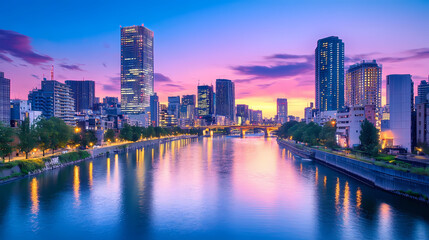 Obraz premium Urban skyline along a river at sunset. Vibrant Horizon. Illustration